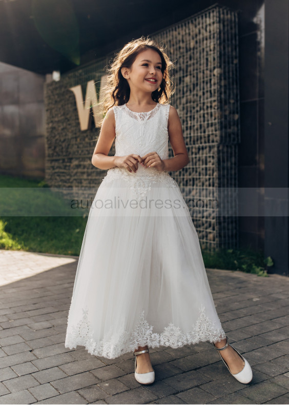 Ivory Tulle Lace Trimmed Beaded Flower Girl Dress